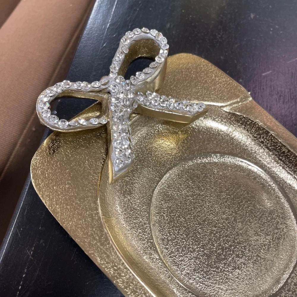 Holiday Champagne Gold Metal Rhinestone Bow candleholder Tray for 3 Candles NWT
